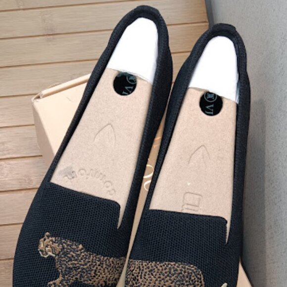 VIVAIA Size 9.5 EU 41 Audrey Black Cheetah Embroidered Round Toe Flats Loafers - Picture 2 of 11